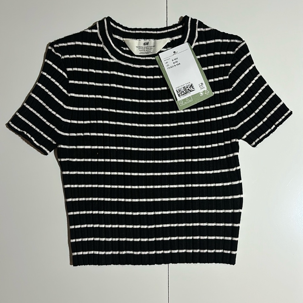 H&M Black and White Striped Ribbed Top, Size 8-10Y